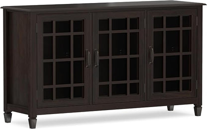 SIMPLIHOME Connaught 60" Solid Wood Buffet in Chestnut Brown | Traditional sideboard buffet with glass doors and adjustable shelves for organized dining or living room storage.