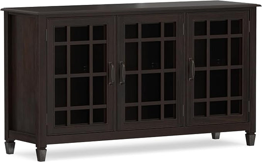 SIMPLIHOME Connaught 60" Solid Wood Buffet in Chestnut Brown | Traditional sideboard buffet with glass doors and adjustable shelves for organized dining or living room storage.