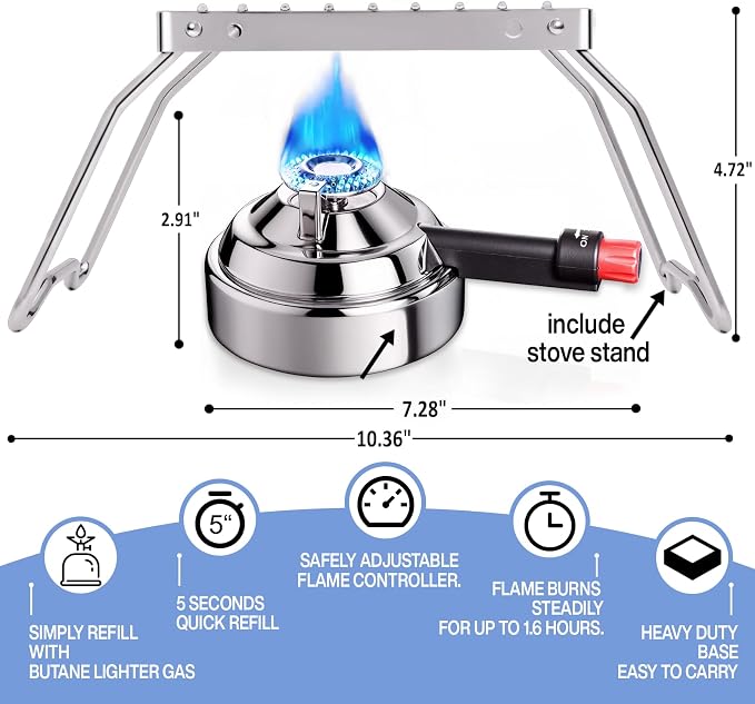 Bluefire Butane Mini Burner self-ignition with stove stand Ideal for Lab or Home- Syphon Coffee Making, Fondue Warmer, S’mores Maker