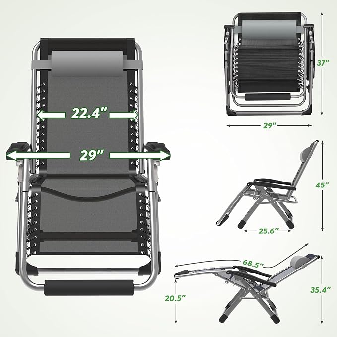 ZENPETIO 29In XL Zero Gravity Chair, 440LBS with Cushion | Anti Gravity Recliner Lounge Chair with Aluminum Alloy Lock & Footrest, 90-170° Adjustable, for Lawn Patio Indoor Outdoor