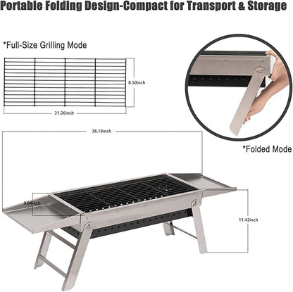 Charcoal Grill, Foldable Portable Camping Charcoal Grill, Stainless Steel BBQ Grill with Ceramic Grate, 2-in-1 Side Tables & Pull-Out Ash Pan Outdoor & Backyard Grill for Patio Cooking Char-gril252