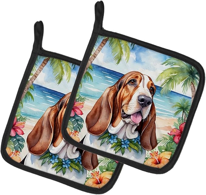 Caroline's Treasures Basset Hound Luau Pair of Pot Holders Kitchen Heat Resistant Pot Holders Sets Oven Hot Pads for Cooking Baking BBQ, 7 1/2 x 7 1/2
