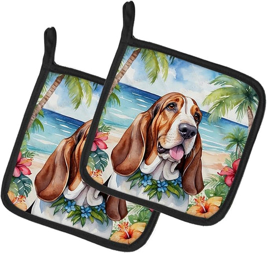 Caroline's Treasures Basset Hound Luau Pair of Pot Holders Kitchen Heat Resistant Pot Holders Sets Oven Hot Pads for Cooking Baking BBQ, 7 1/2 x 7 1/2