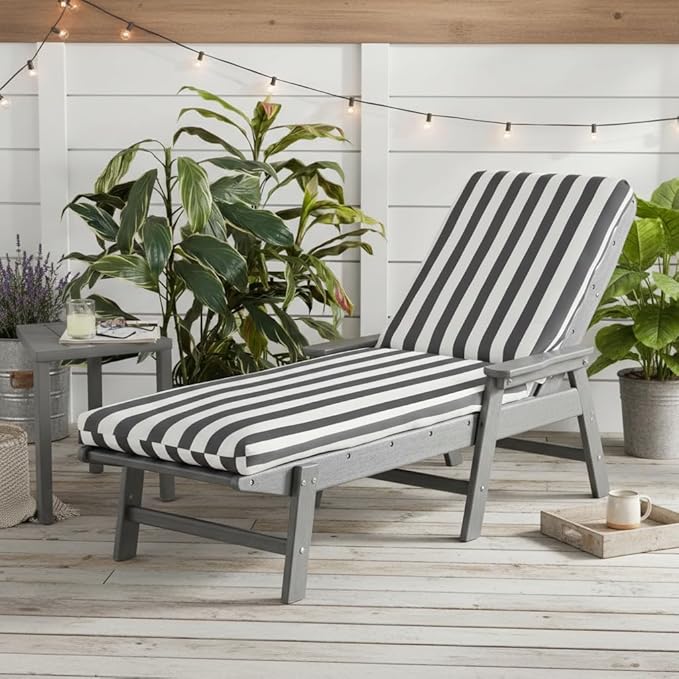 Modern Outdoor Chaise Lounge Cushion with Ties – Durable Polyester Fabric, Channel-Filled Polyfiber Insert, Removable Zippered Cover, Canopy Stripe Gray