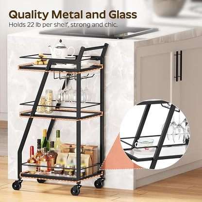 Bar Cart, 3-Tier Home Bar Serving Cart with Wheels, Drink Cart with Glass Holder, Beverage Cart, Rolling Kitchen Cart, for Home, Living Room, Transparent and Black BC03BK