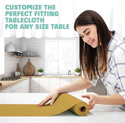 Tablecloth Roll – 54" X 110' Gold Premium Plastic Table Cloths with Cutter Box - Cut to Size - Decorative Rectangle Table Cover Smooth Tablecloth - Disposable Table Cloths for Parties, Weddings.