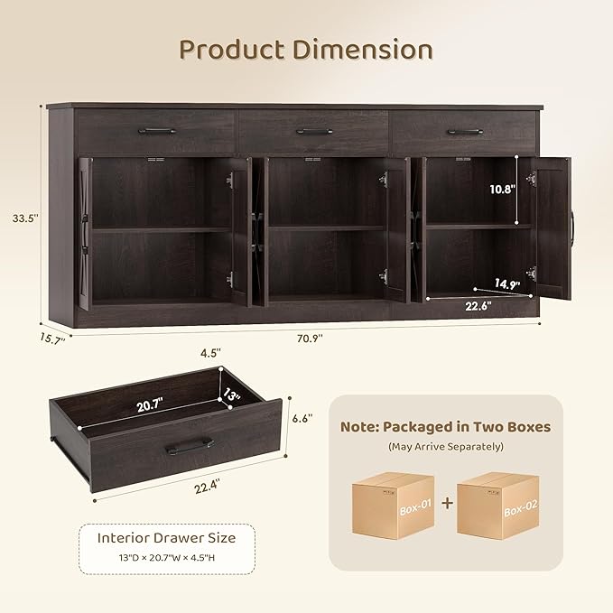 HOSTACK 71" Large Sideboard Buffet Cabinet with Storage, Farmhouse Coffee Bar Cabinet with 3 Drawers, Long Kitchen Buffet Table, Kitchen Sideboard Storage Cabinet for Dining, Living Room, Dark Brown
