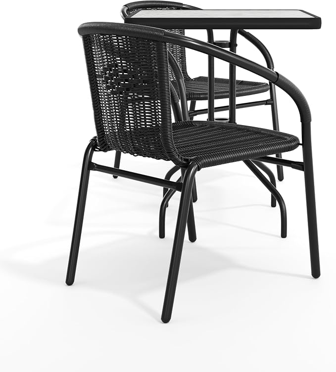 Flash Furniture Lila 23.5'' Square Glass Metal Table with 2 Black Rattan Stack Chairs | Durable Construction, Commercial Use