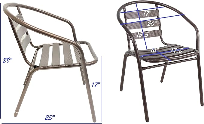 Indoor Outdoor Set of 3 Bronze Restaurant Metal Aluminum Slat Stack Chairs Lightweight