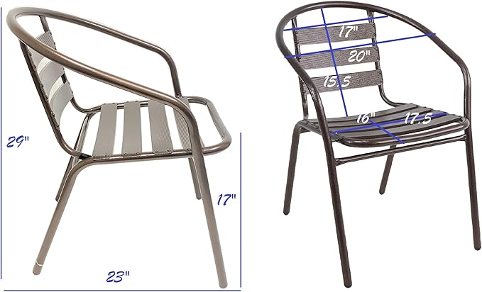 BTEXPERT Indoor Outdoor 23.75" Restaurant Stainless Steel Aluminum Metal Slat Stack Commercial Lightweight, 3 Chairs with a Square Table, Silver/Bronze