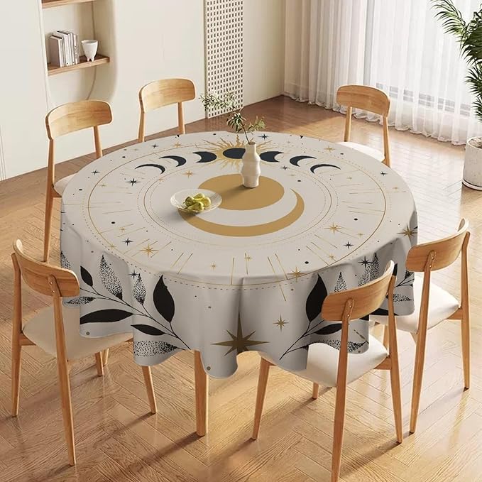 Vintage Boho Sun Moon Round Tablecloth Moon Phase Star Galaxy Space Wildflower Table Cloth Water Resistant Wipeable Table Cover for Farmhouse Picnic Party Holiday Kitchen Dinner Table 50"