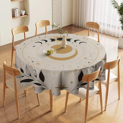 Vintage Boho Sun Moon Round Tablecloth Moon Phase Star Galaxy Space Wildflower Table Cloth Water Resistant Wipeable Table Cover for Farmhouse Picnic Party Holiday Kitchen Dinner Table 50"