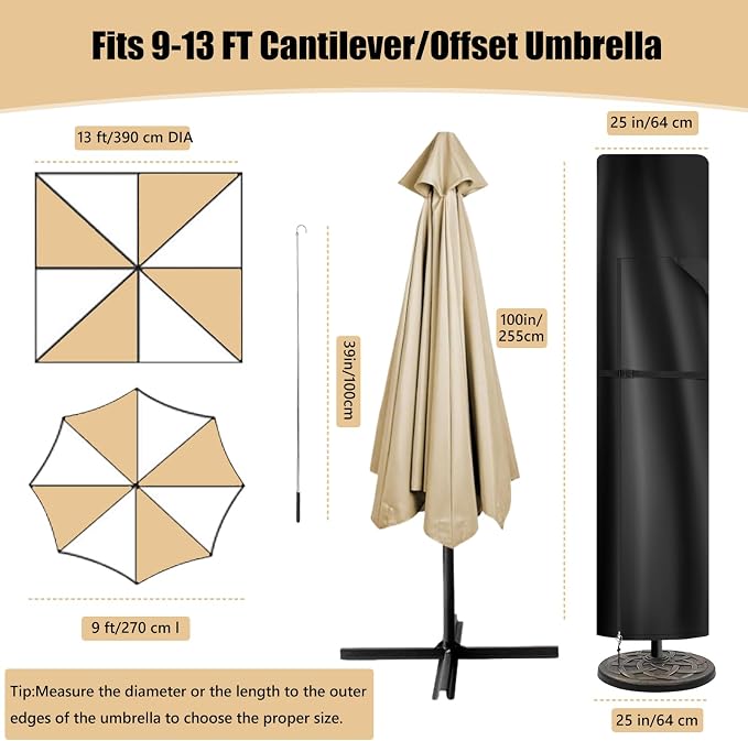 Patio Umbrella Cover for 9ft to 13ft Offset Umbrella, 420D Oxford Fabric Cantilever Umbrella Covers All-Weather Protection with Sturdy Waterproof Zipper and Top Vent