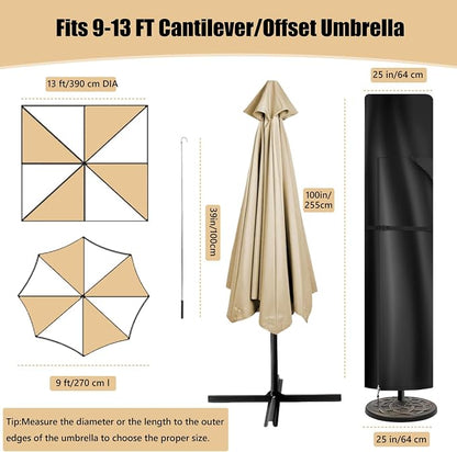 Patio Umbrella Cover for 9ft to 13ft Offset Umbrella, 420D Oxford Fabric Cantilever Umbrella Covers All-Weather Protection with Sturdy Waterproof Zipper and Top Vent