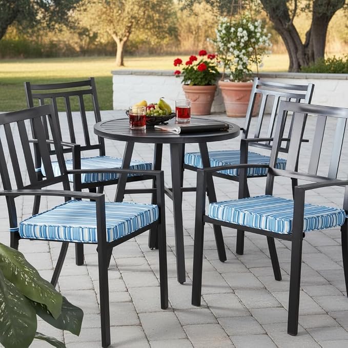 Outdoor 18 inch Square Patio Dining Chair Pads – Comfortable Fiber-Filled Seat Cushions with Ties, Reversible Polyester Fabric - Sapphire Stripe, Set of 4