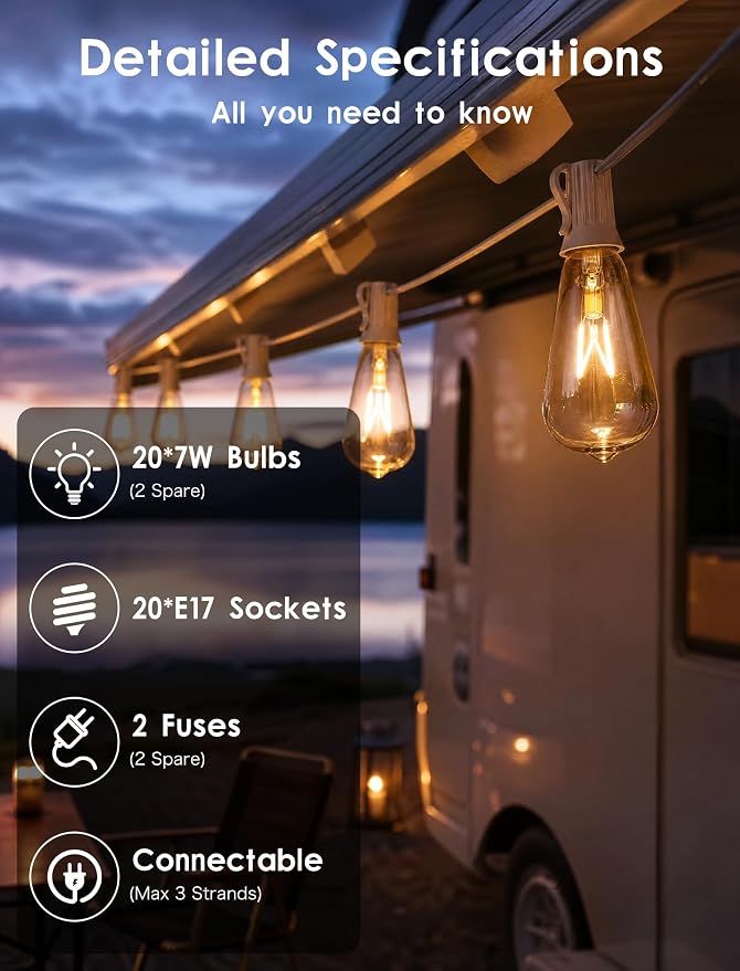 20FT Edison Outdoor String Lights with 22 Clear Edison Bulbs(2 Spare), ST40 Vintage Bulb String Lights for Christmas Hanging Backyard Porch Balcony Party Decoration, E17/C9 Socket Base, White Wire