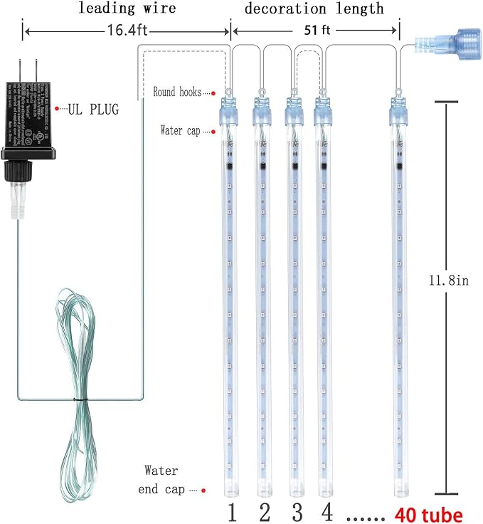 Large Meteor Shower Lights for Christmas Decorations Outdoor, 40-Tube White | Equal to 5 Sets of 8-Tubes, Waterproof Christmas Lights Outdoor for Tree Yard House Party Wedding Decor, UL Plug