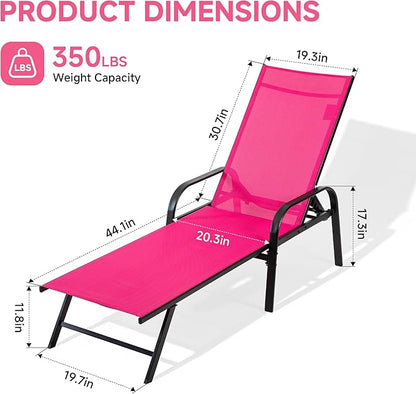 DUMOS Outdoor Lounge Chaise, 5-Position Chaise Lounge with Armrests, Sun Tanning Chair 350 lbs Heavy Duty Patio Pool Chair, Waterproof Sun Lounger for Deck, Backyard, Beach, Rose Pink