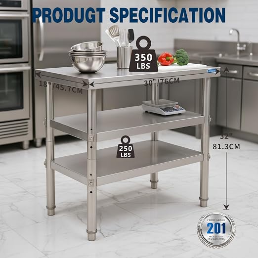 KUARBARR Stainless Steel Table Commercial Stainless Steel Prep Table 18 x 30 Inch, NSF Metal Commercial SS Kitchen Prep Worktable for Restaurant Kitchen Garage Warehouse