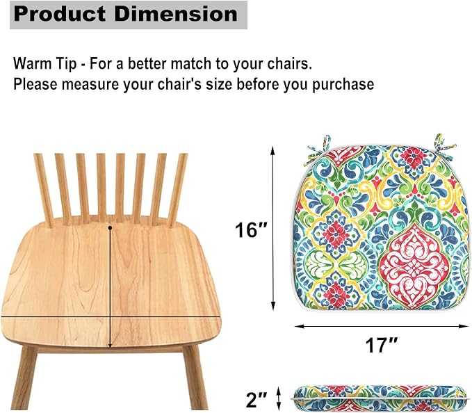 DYTXIII Set of 2 Outdoor Chair Cushions with Ties,Water Repellent Patio Chair Pads 17"x 16" for Outdoor Furniture,Round Corner Seat Cushions for Garden Yard Kitchen Damask Red