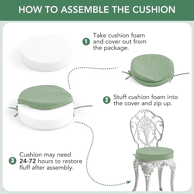 Summsun Outdoor Bistro Chair Cushions Set of 2, 15" D x 3" H Round Chair Cushions Waterproof and Fade Resistant Chair Cushion Pads with Non-Slip Ties and Removable Covers for Garden, Sage Green