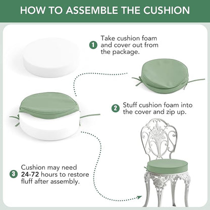 Summsun Outdoor Bistro Chair Cushions Set of 2, 15" D x 3" H Round Chair Cushions Waterproof and Fade Resistant Chair Cushion Pads with Non-Slip Ties and Removable Covers for Garden, Sage Green