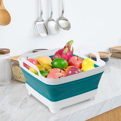 Tiawudi Dishpan for Washing Dishes, 2.4Gal/9L Wash Basin with Draining Plug Carry Handles, Collapsible Bucket for Cleaning, Portable Sink, Foldable Plastic Tub, 1PC