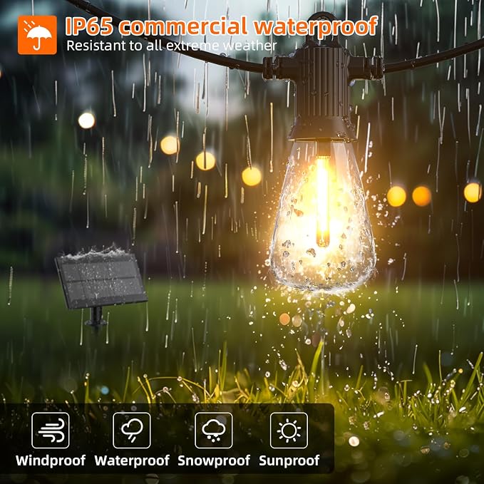 Kawaya Solar Powered String Lights for Outside: 100 FT LED Outdoor Patio Lights with USB-Charging - IP65 Waterproof Hanging Light - 50+2 Shatterproof Edison Bulbs for Bistro Cafe Camp Yard Balcony