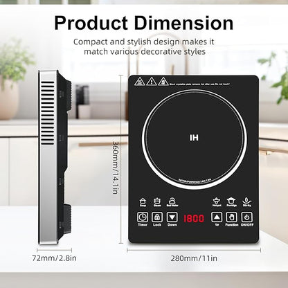 Single Burner Induction Cooktop,Hot Plate with 6 Cooking Modes, portable cooktop with LCD touch control,9 Levels &3H Timer,1800W 110V Portable induction Cooktop