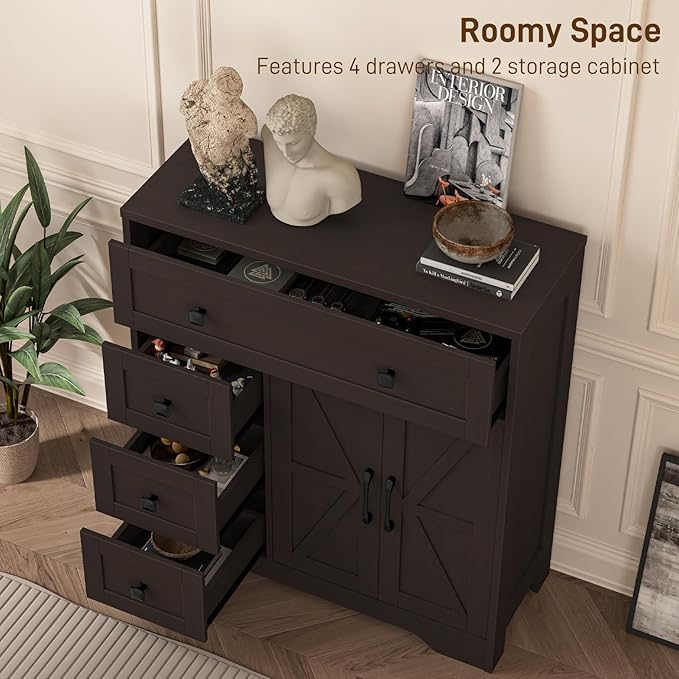 Vabches Farmhouse Storage Cabinet with 2 Doors and 4 Drawers, Freestanding Bathroom Storage Cabinet Kitchen Pantry, Floor Cupboard for Living Room/Bathroom/Kitchen,Espresso