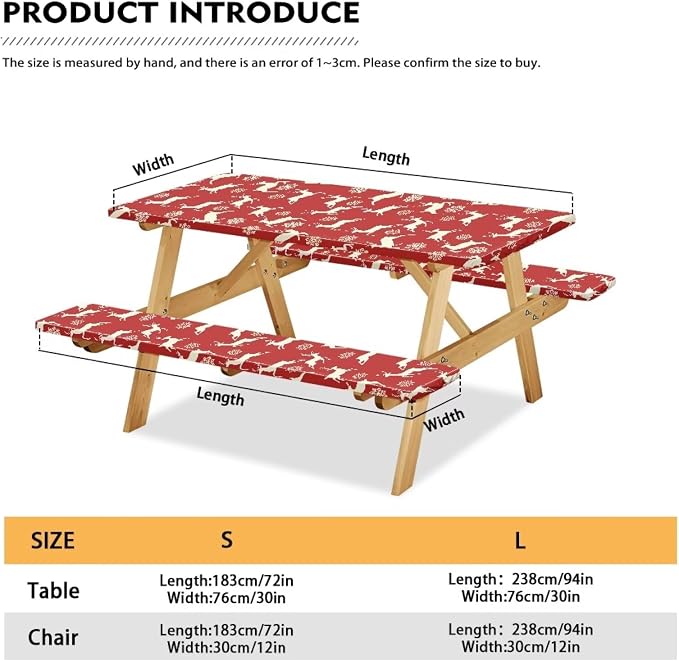 Xmas Picnic Table Cover with Bench Covers 3 PCS Christmas Reindeer Snowflake Fitted Picnic Table Cover for Outdoor Camping Accessories