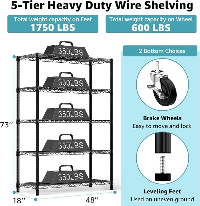 M MZG 5-Shelf Storage Shelves,Wire Shelving Heavy Duty Metal Storage Shelving Unit Adjustable Garage Shelving Rack Pantry Kitchen (Black, 5 Tier,17.7" D x 47.2" W x 76.7" H) (Pack of 2)
