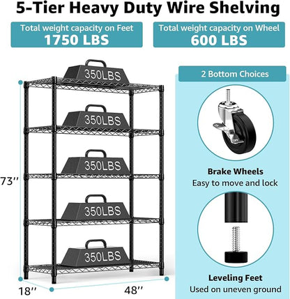 M MZG 5-Shelf Storage Shelves,Wire Shelving Heavy Duty Metal Storage Shelving Unit Adjustable Garage Shelving Rack Pantry Kitchen (Black, 5 Tier,17.7" D x 47.2" W x 76.7" H) (Pack of 2)