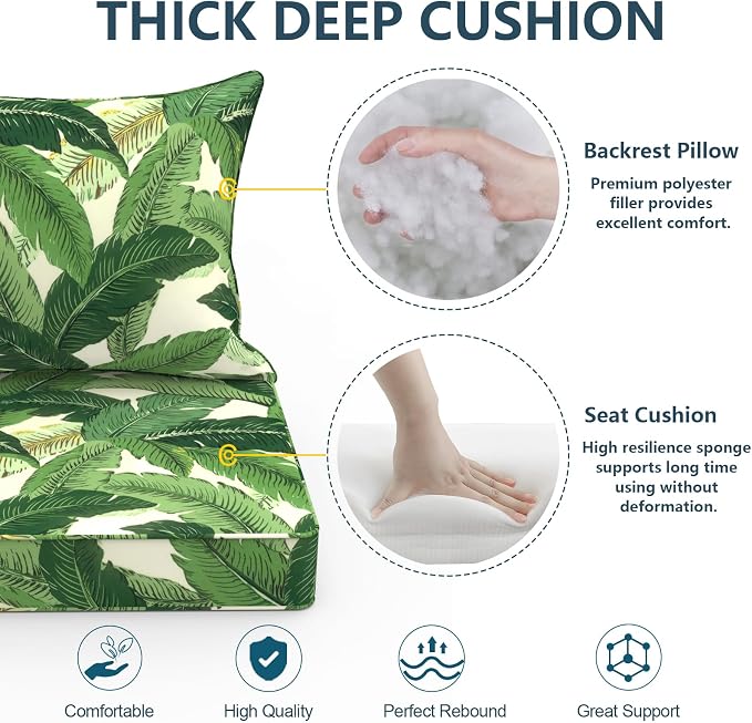 DYTXIII Outdoor Deep Seat Cushion Set, Water Repellent 22"x22" Patio Thick Cushions Replacement with Seat & Back Pillow for Patio Sofa, Wicker Chair, Couch - Swaying Palms Green