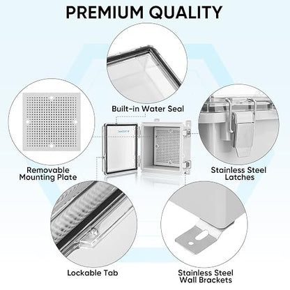 TICONN Waterproof Electrical Junction Box IP67 ABS Plastic Enclosure with Hinged Cover with Mounting Plate, Wall Brackets, Cable Glands (Clear, 5.9"x5.9"x3.5")