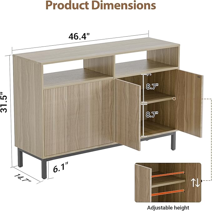 Mericonia Farmhouse Buffet Sideboard Cabinet with Storage, Fluted Coffee Bar with Doors and Adjustable Shelves, Modern Wood Console Cabinet for Kitchen, Livingroom (Fluted 4 Door, Oak)