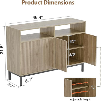 Mericonia Farmhouse Buffet Sideboard Cabinet with Storage, Fluted Coffee Bar with Doors and Adjustable Shelves, Modern Wood Console Cabinet for Kitchen, Livingroom (Fluted 4 Door, Oak)