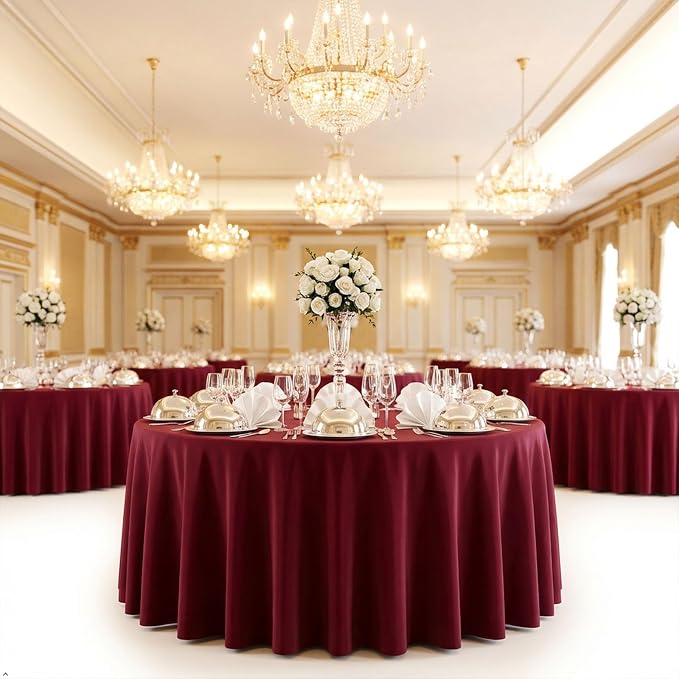 8 Pack Burgundy Round Tablecloth 90 Inch | For 3Ft-5Ft Round Table, Wrinkle Resistant Table Cloth, Washable Polyester Fabric, For Wedding Party Banquet Buffet Camping