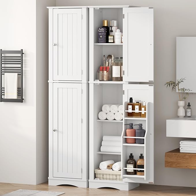 Function Home Tall Bathroom Storage Cabinet, 64" Slim Kitchen Pantry with Door Storage, Narrow Wood Freestanding Cabinets with Adjustable Shelves for Kitchen Living Room Dining Room, White