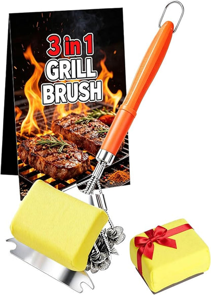 Professional 3-in-1 Grill Brush and Scraper with Safety Second Sweep Sponges - 18" Detachable Long Handle BBQ Cleaner for Heavy Duty Grime - Ideal Father's Day Grilling Gift for Men (Orange)