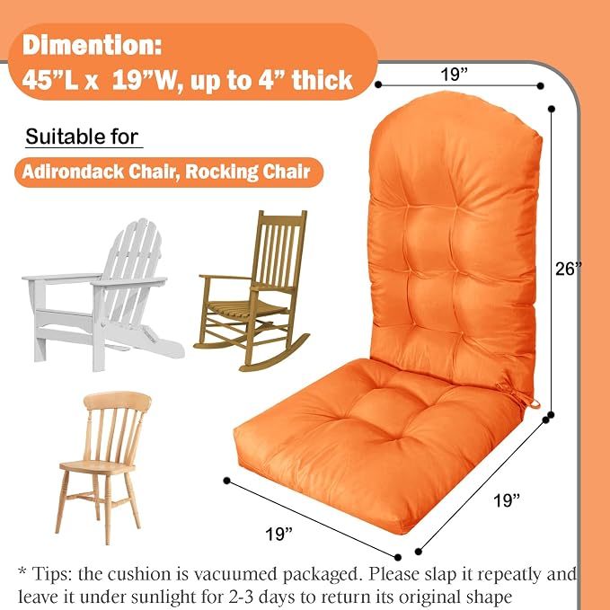 Adirondack Chair Cushion, Outdoor Patio Furniture Seat Pad, Waterproof | Waterproof cover with straps, PP cotton, high back thick seat pad for adirondack rocking chair indoor outdoor porch 44x19x4