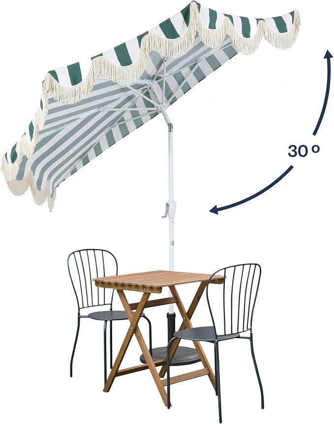 JONATHAN Y Beverly 9 ft. Striped Half Umbrella, Green/White | Coastal Scalloped Fringe, Crank Lift, 30 Degree Manual Tilt, UV 50 Fabric Canopy, Aluminum Frame, Space Saving Design