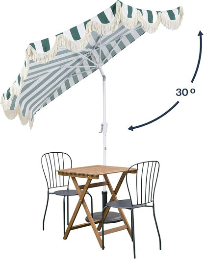 JONATHAN Y Beverly 9 ft. Striped Half Umbrella, Green/White | Coastal Scalloped Fringe, Crank Lift, 30 Degree Manual Tilt, UV 50 Fabric Canopy, Aluminum Frame, Space Saving Design