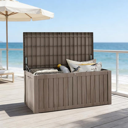 FEFLO 120 Gallon Resin Desk Boxes, Lockable Outdoor Storage Box for Furniture, Toy, Shoe, Garden & Patio Tools Storage, IP54 Weatherproof Package Delivery Boxes for Outside - Brown