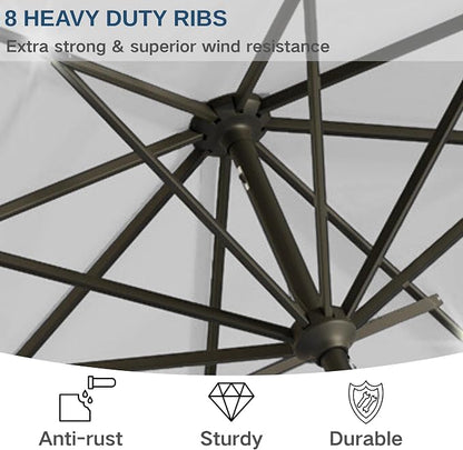 9' Solar LED Patio Umbrella with Tilt & Crank|8 Sturdy Ribs,UV Protection,Outdoor Market Table Umbrella for Deck,Lawn,Pool,Backyard(Light Gray)
