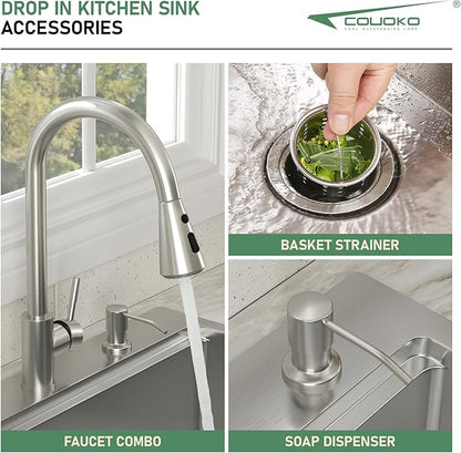 Drop In Kitchen Sink with Faucet Combo 25x22 Drop In 16 Gauge Stainlee Steel Single Bowl Workstation Kitchen Sinks Large Deep Round Corner Handmade Overmount Topmount Sink Basin