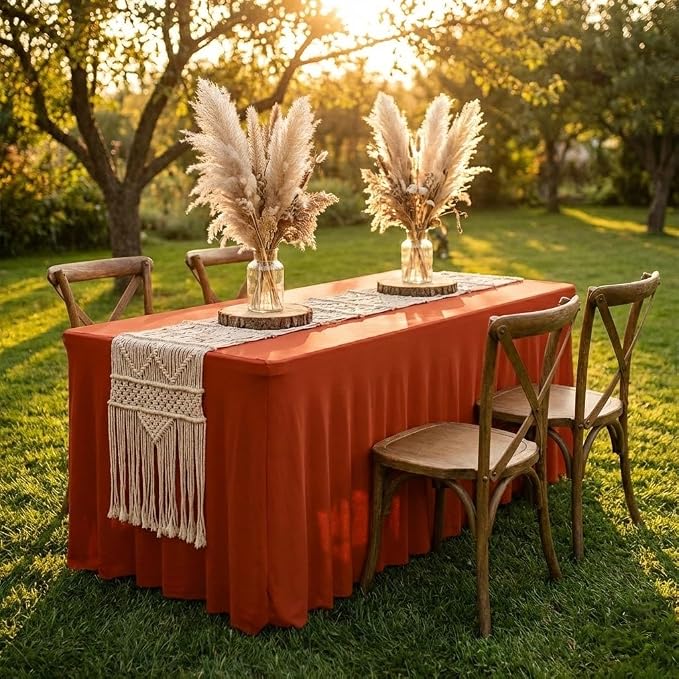 HolidayIdeas 2 Pack Rust Spandex Table Skirts 6ft Fall Tablecloths Ruffle | Stretchy Table Covers, Thanksgiving Decorations, Wrinkle Resistant Table Cloths For 30x72, Rectangle Tables for Autumn Event