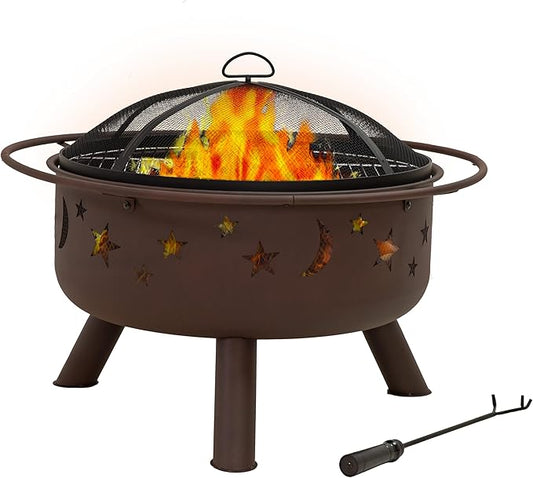 Sunnydaze Cosmic 30-Inch Outdoor Fire Pit with Grill Grate, Spark Screen, and Fireplace Poker - Round Steel Metal Wood-Burning Outside Firepit for Patio, Backyard, Porch, Deck - Bronze