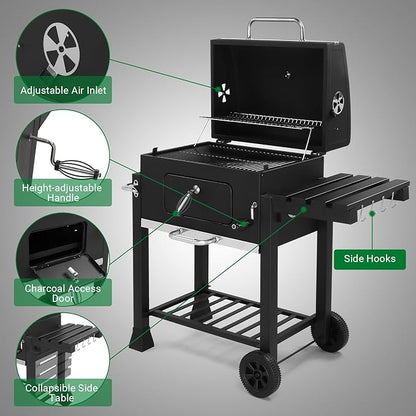 Large Charcoal BBQ Grill, Portable Barbecue Grill with Adjustable Charcoal Tray, Foldable Side Tables & Wheels, Outdoor Garden Barbecue Smoker for Camping Backyard Patio Party Picnic