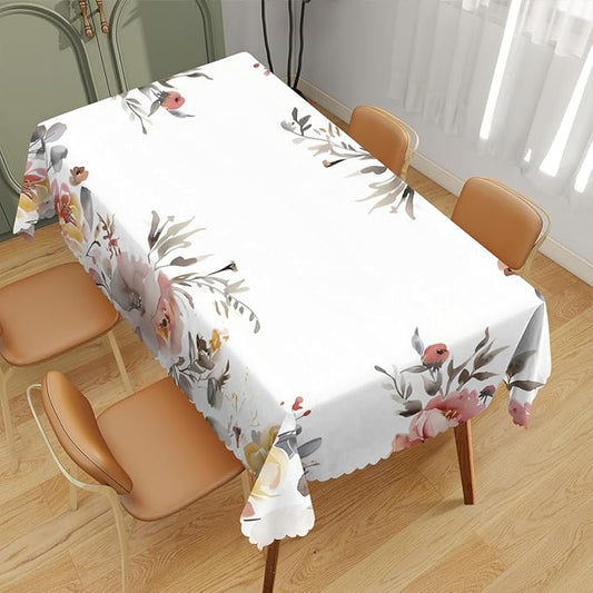 Spring Floral Decorative Rectangle Tablecloth Watercolor Leaves Wild Flowers Rectangle Kitchen Table Cover Oblong Tablecloth for Dining Table Buffet Parties Patio Camping 52" x 70" 4-6 Seats